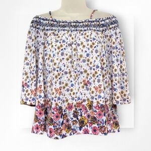 Jolt Top Off the Shoulder Straps Floral White Multicolor Flowy 3/4 Sleeve Medium